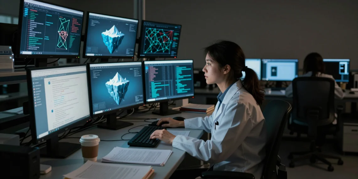 Los informes de uso de IA que publican las grandes empresas ocultan casi la mitad de las conversaciones reales de sus usuarios 1 Investigadora analiza datos de IA en laboratorio nocturno con diagrama de iceberg que simboliza conversaciones ocultas