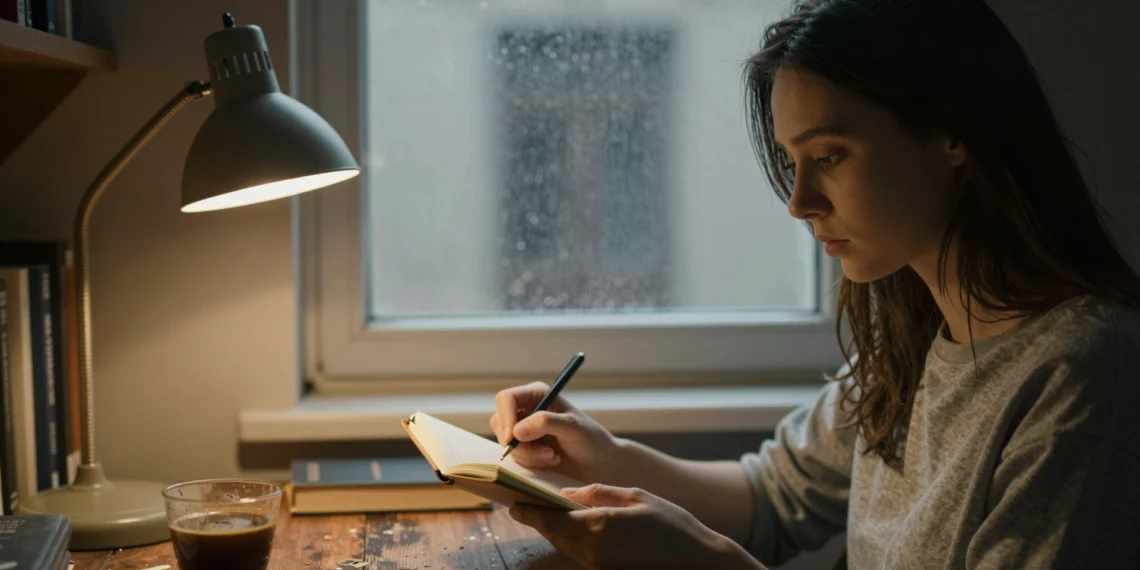 Frases de motivación personal que de verdad funcionan: la ciencia detrás de las palabras que nos mantienen en pie 1 Mujer joven leyendo un cuaderno en escritorio de madera junto a ventana con lluvia, bajo luz cálida de lámpara