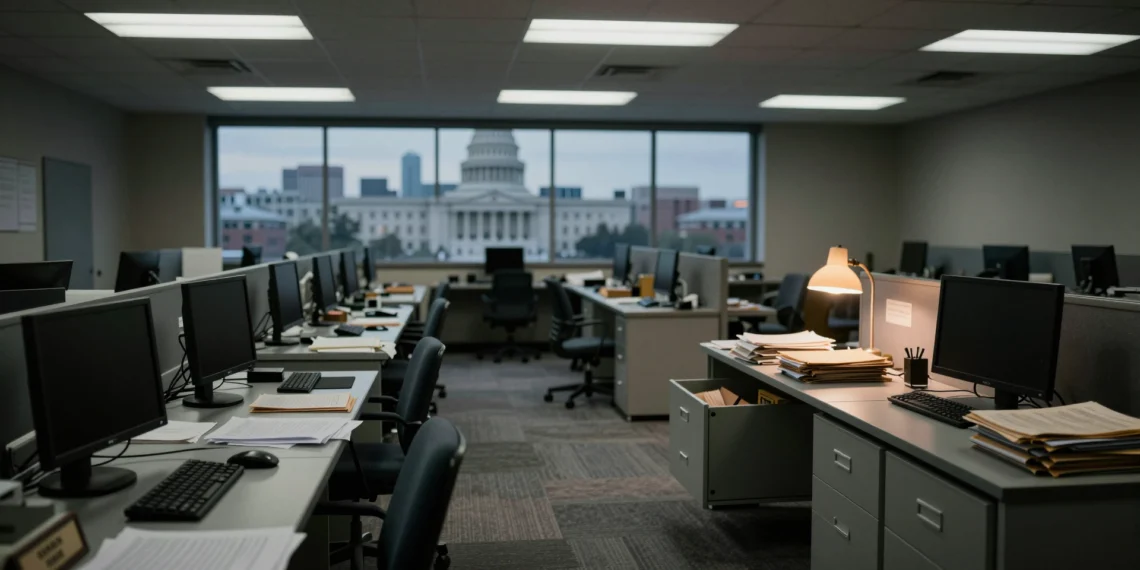 Del margen al poder: cómo una idea sobre la censura en Internet llegó a redefinir la política exterior de Estados Unidos 1 Oficina gubernamental abandonada en Washington D.C. con escritorios vacíos y luz fluorescente parpadeante al amanecer
