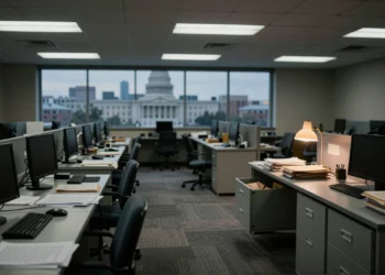 Del margen al poder: cómo una idea sobre la censura en Internet llegó a redefinir la política exterior de Estados Unidos 10 Oficina gubernamental abandonada en Washington D.C. con escritorios vacíos y luz fluorescente parpadeante al amanecer