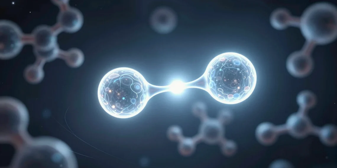 Enlace covalente: el mecanismo atómico que comparten todos los seres vivos sin saberlo 1 Visualización macro de un enlace covalente entre dos átomos con nube de electrones compartida brillando en azul y blanco