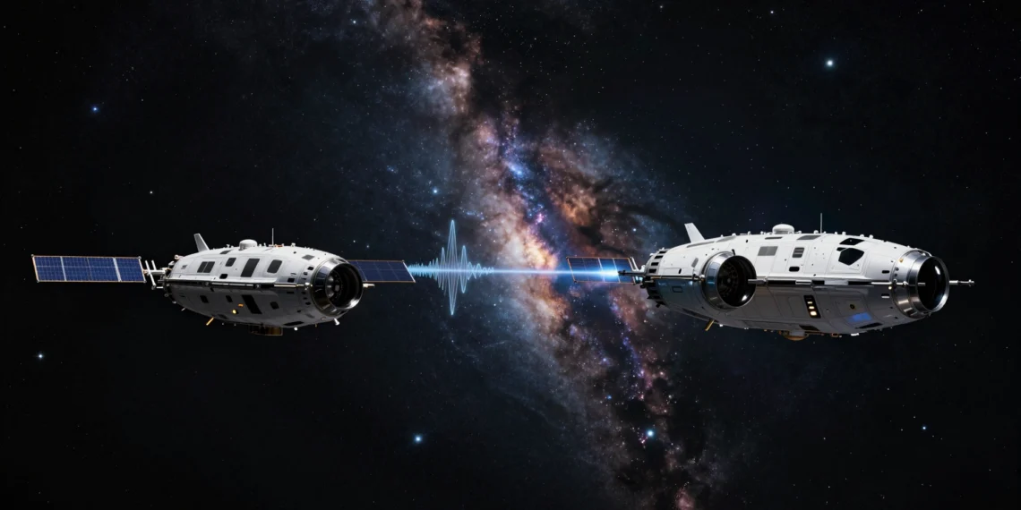 Sin láser y sin conexión física: así podría funcionar el detector de ondas gravitacionales más ambicioso jamás concebido 1 Dos naves espaciales plateadas en el espacio profundo detectando ondas gravitacionales sin láser ni conexión física