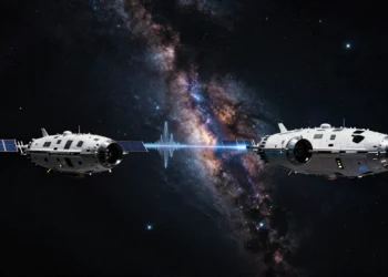 Sin láser y sin conexión física: así podría funcionar el detector de ondas gravitacionales más ambicioso jamás concebido 5 Dos naves espaciales plateadas en el espacio profundo detectando ondas gravitacionales sin láser ni conexión física