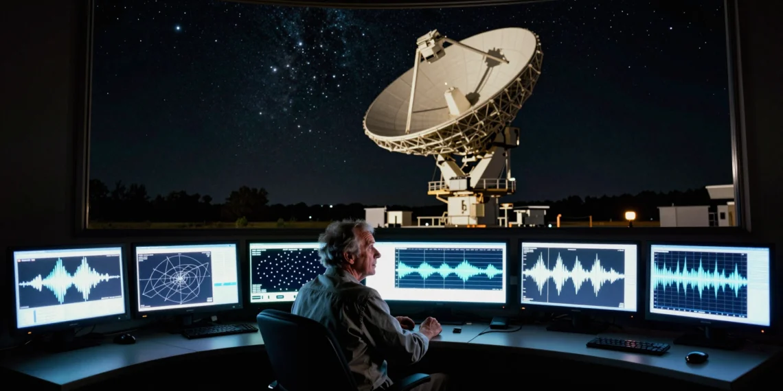 Décadas buscando vida extraterrestre y seguimos sin saberlo: un astrónomo explica por qué el problema es más profundo de lo que parece 1 Astrónomo frente a monitores con gráficos espectrales en sala de control de radiotelescopio, con el cielo estrellado al fondo