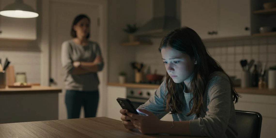 Vigilar cada mensaje de tus hijos puede no protegerlos: lo que la ciencia dice sobre las apps de control parental 1 Adolescente sola de noche con el móvil mientras un progenitor la observa desde la puerta en penumbra