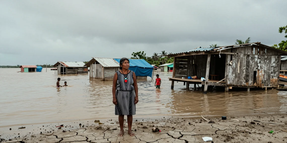 Décadas de emisiones acumuladas, millones de desplazados sin protección: la brecha que la justicia climática aún no ha cerrado 1 Mujer indígena desplazada frente a un pueblo costero inundado en una nación tropical empobrecida por el cambio climático