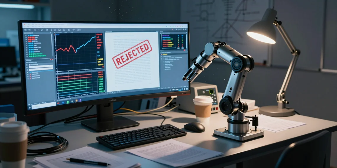 Automatizar la ciencia de la IA parecía cuestión de meses, pero un experimento con agentes reales revela un obstáculo inesperado 1 Brazo robótico ante monitor con paper rechazado en laboratorio oscuro, símbolo de los límites de la IA en ciencia