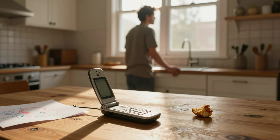 Creó cuentas en Gmail y Twitter para su hija recién nacida — años después, borró todo y le dio un teléfono de tapa 1 Teléfono de tapa vintage sobre mesa de madera junto a un dibujo infantil, con padre al fondo mirando por la ventana