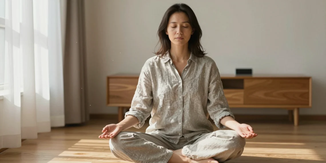 Millones de personas descubren en la meditación guiada una vía real para calmar la mente y recuperar el equilibrio interior 1 Mujer en sus treinta años meditando sentada en el suelo con los ojos cerrados y luz dorada de mañana entrando por la ventana