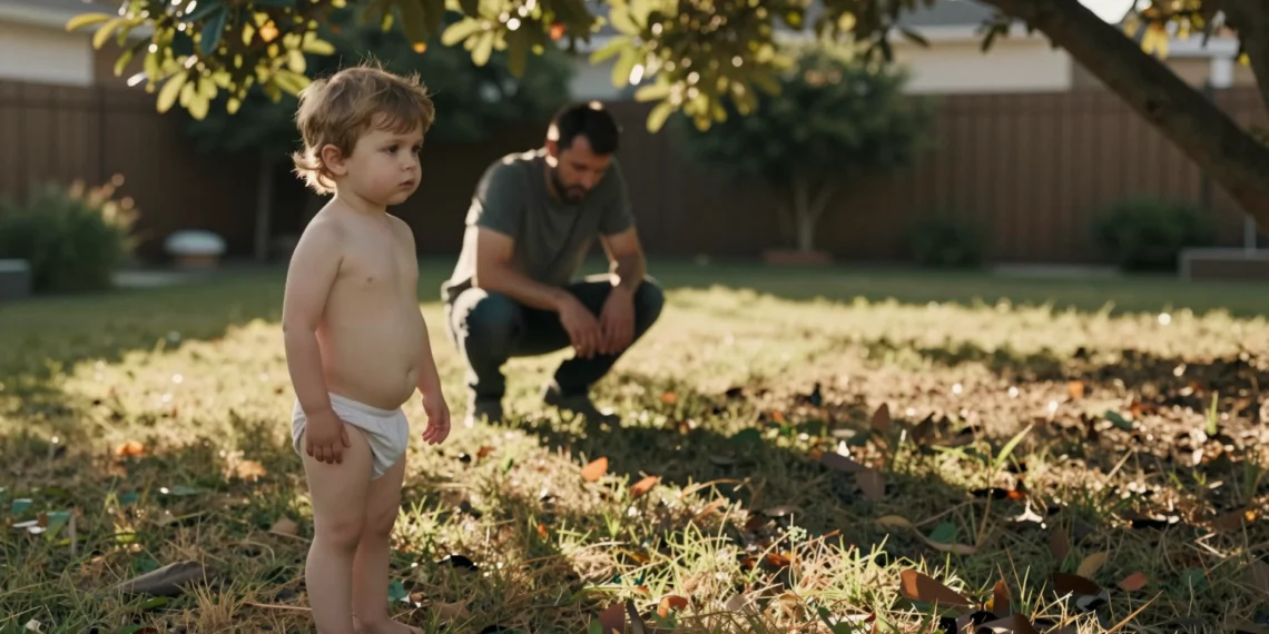 Un niño de tres años sin palabras y un padre que busca un fármaco que nadie puede recetarle todavía 1 Niño de tres años en el jardín mirando al vacío mientras su padre, al fondo, le tiende los brazos con gesto de súplica