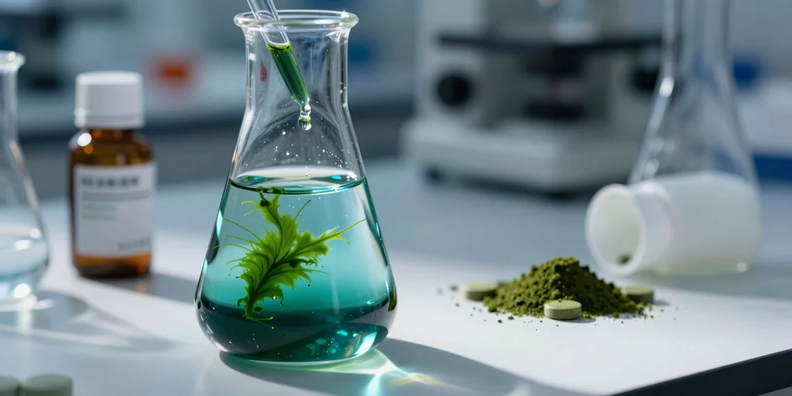 Millones de personas toman espirulina por su vitamina B12, pero la ciencia acaba de revelar que eso no funcionaba como creían 1 Frasco de laboratorio con cultivo de algas espirulina azul-verde junto a comprimidos del suplemento, bajo luz clínica
