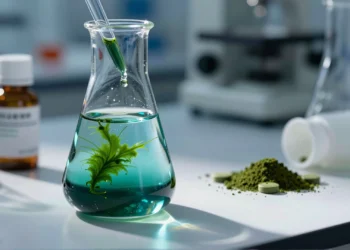 Millones de personas toman espirulina por su vitamina B12, pero la ciencia acaba de revelar que eso no funcionaba como creían 10 Frasco de laboratorio con cultivo de algas espirulina azul-verde junto a comprimidos del suplemento, bajo luz clínica