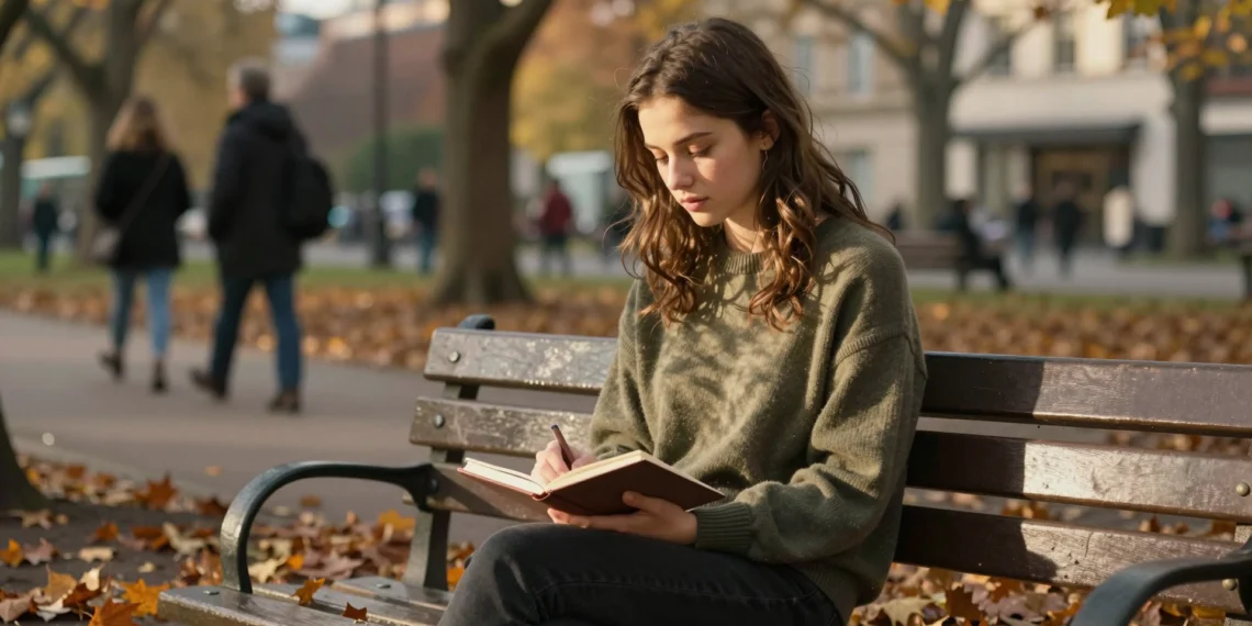 Día de la salud mental: las frases que más ayudan cuando las palabras propias no alcanzan 1 Joven mujer reflexiva sentada en un banco de parque urbano en otoño, escribiendo en un diario durante la hora dorada