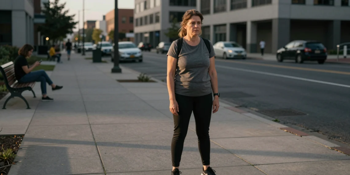 Salud y ejercicio: lo que la ciencia lleva décadas confirmando y la mayoría de personas sigue ignorando 1 Mujer de mediana edad en ropa deportiva pausando su caminata en una acera urbana al atardecer, rodeada de personas inactivas