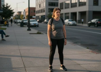 Salud y ejercicio: lo que la ciencia lleva décadas confirmando y la mayoría de personas sigue ignorando 3 Mujer de mediana edad en ropa deportiva pausando su caminata en una acera urbana al atardecer, rodeada de personas inactivas