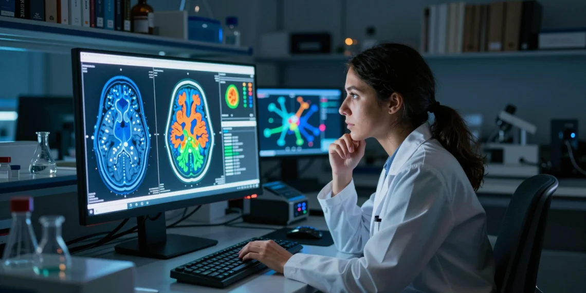 De la «caja negra» al cerebro visible: la revolución silenciosa que está cambiando la psicología para siempre 1 Neurocientífica observa un escáner fMRI en color en un monitor en laboratorio moderno con iluminación tenue azulada
