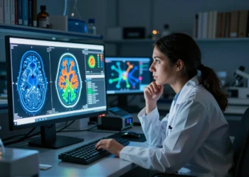 De la «caja negra» al cerebro visible: la revolución silenciosa que está cambiando la psicología para siempre 7 Neurocientífica observa un escáner fMRI en color en un monitor en laboratorio moderno con iluminación tenue azulada