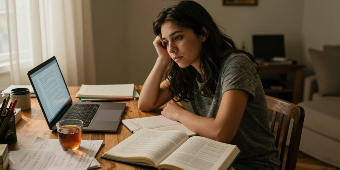 Salud mental en inglés: el vocabulario que los hablantes nativos usan a diario y que ningún curso de idiomas te enseña 1 Mujer joven estudiando vocabulario de salud mental en inglés en su escritorio, con apuntes y libros de idiomas
