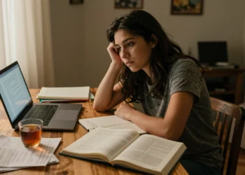 Salud mental en inglés: el vocabulario que los hablantes nativos usan a diario y que ningún curso de idiomas te enseña 5 Mujer joven estudiando vocabulario de salud mental en inglés en su escritorio, con apuntes y libros de idiomas