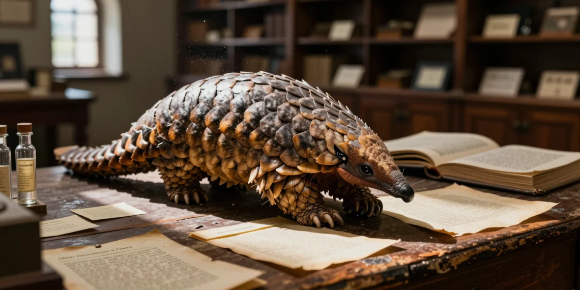 ADN de 190 años rescata del olvido a una especie oculta de pangolín que podría cambiar la lucha contra el tráfico ilegal 1 Espécimen de pangolín del Himalaya sobre estantería de museo con etiquetas antiguas y libros taxonómicos del siglo XIX