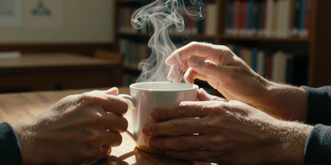 Cuando decimos que un cuerpo «tiene calor», la física lleva siglos corrigiéndonos 1 Manos sosteniendo una taza de café humeante sobre una mesa de madera en una biblioteca, evocando el concepto físico del calor