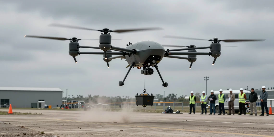 Drones de aspecto imposible compiten por levantar cargas extremas en el desafío más exigente de DARPA 1 Prototipo de dron de carga pesada con geometría asimétrica levantando una carga extrema en pruebas militares de DARPA