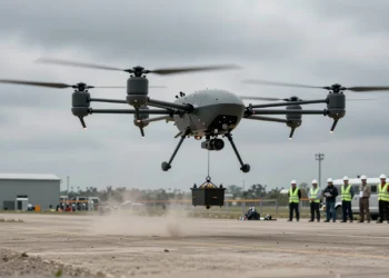 Drones de aspecto imposible compiten por levantar cargas extremas en el desafío más exigente de DARPA 8 Prototipo de dron de carga pesada con geometría asimétrica levantando una carga extrema en pruebas militares de DARPA