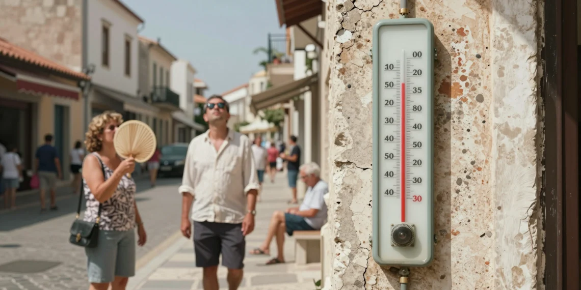 Sentir calor y tener calor no es lo mismo: lo que la física y la RAE revelan sobre una palabra que usamos mal 1 Termómetro analógico en pared de piedra con personas sudando bajo el sol en calle mediterránea en verano