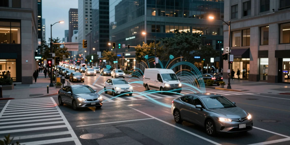 Una tecnología diseñada para redes móviles 5G podría ser la clave para que los coches autónomos se comuniquen sin fallos 1 Tres vehículos autónomos navegando un cruce urbano al anochecer con ondas de comunicación V2X visibles entre ellos