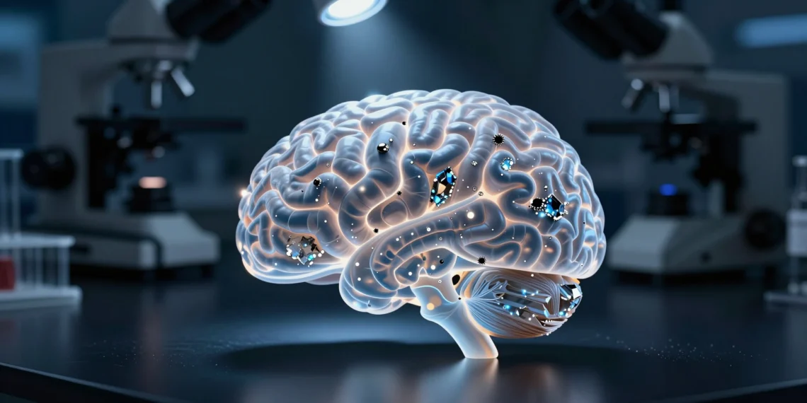 Investigadores de Harvard encuentran litio natural en el cerebro humano y su posible vínculo con la protección frente al Alzheimer 1 Modelo de cerebro humano con cristales de litio en tejido neural iluminado con luz azul en laboratorio de neurociencia