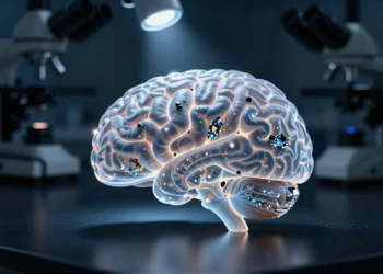 Investigadores de Harvard encuentran litio natural en el cerebro humano y su posible vínculo con la protección frente al Alzheimer 10 Modelo de cerebro humano con cristales de litio en tejido neural iluminado con luz azul en laboratorio de neurociencia