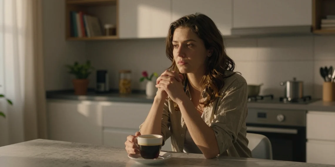 Salud mental y salud emocional no son lo mismo, y confundirlas puede estar pasándote factura sin que lo notes 1 Mujer joven pensativa con café en cocina moderna, expresión serena con tensión interior sutil