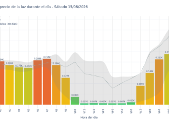 Precio de la luz hoy 15 de agosto de 2026. Aprovecha las horas más baratas 2 Gráfico de precios de la luz por horas para el Sábado 15 de Agosto de 2026