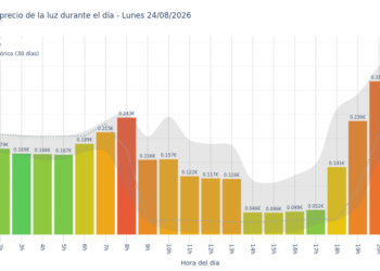 Precio de la luz hoy 24 de agosto de 2026. Aprovecha las horas más baratas 9 Gráfico de precios de la luz por horas para el Lunes 24 de Agosto de 2026