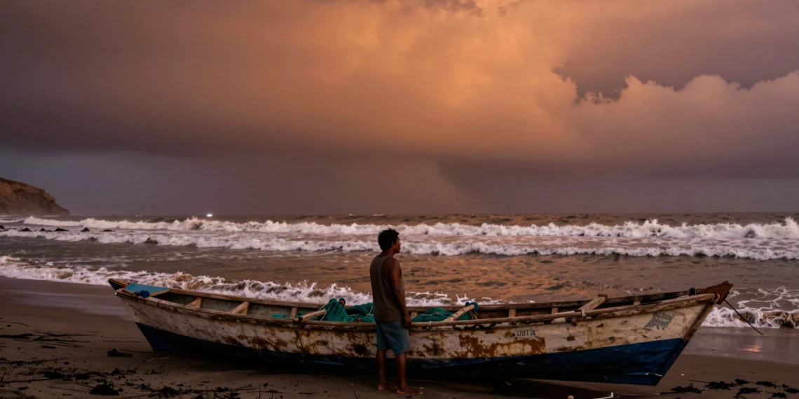 De anomalía costera a fenómeno global: El Niño lleva siglos transformando el clima del planeta y cada vez lo hace con más fuerza 1 Pescador peruano junto a su barca varada en la costa del Pacífico, con aguas cálidas y cielo tormentoso por El Niño