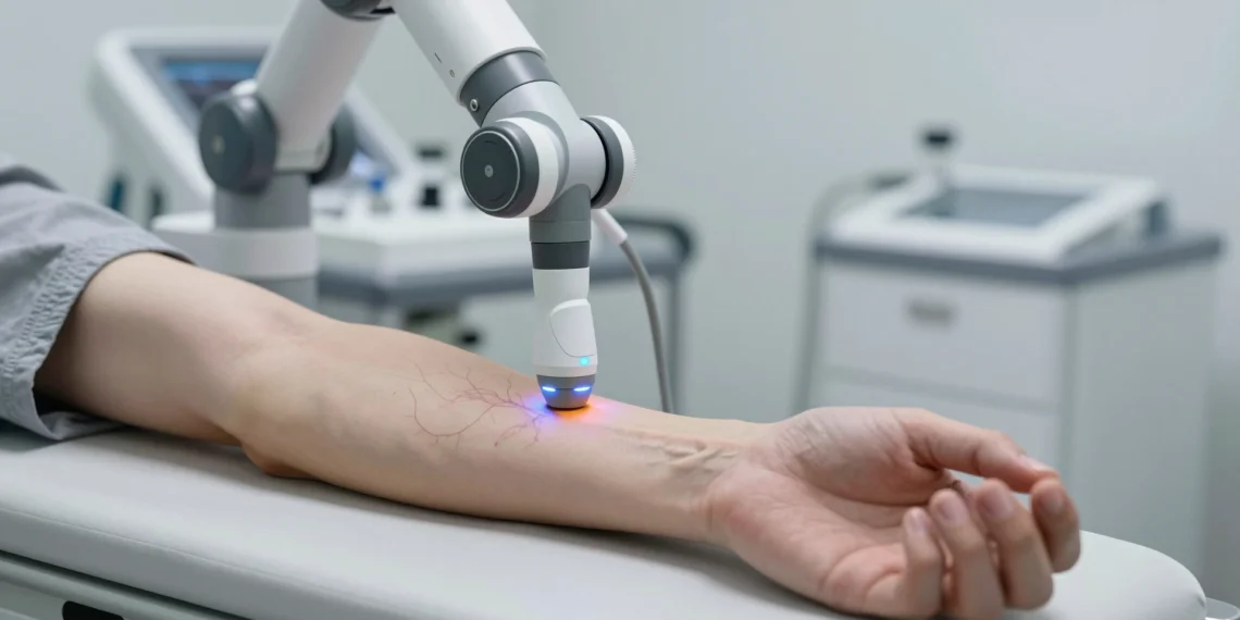 Un robot ya puede extraerte sangre solo: la FDA acaba de autorizar el primer flebotomista autónomo de la historia 1 Brazo robótico autónomo de extracción de sangre posicionado sobre la vena del antebrazo de un paciente en entorno clínico