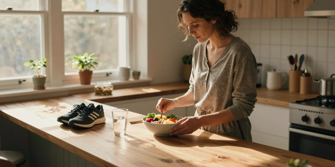 Adoptar 10 hábitos saludables no requiere una transformación radical: la ciencia muestra que los cambios pequeños y constantes son los que realmente duran 1 Mujer preparando un desayuno saludable con frutas y verduras en una cocina iluminada por la luz de la mañana