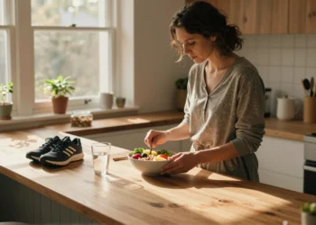 Adoptar 10 hábitos saludables no requiere una transformación radical: la ciencia muestra que los cambios pequeños y constantes son los que realmente duran 6 Mujer preparando un desayuno saludable con frutas y verduras en una cocina iluminada por la luz de la mañana