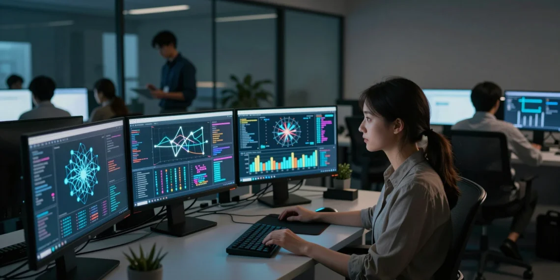 Ciencia de datos: el campo que convierte cifras dispersas en decisiones que ya transforman la sanidad, la industria y hasta tus playlists 1 Científica de datos trabajando en laboratorio moderno con monitores que muestran redes neuronales y algoritmos