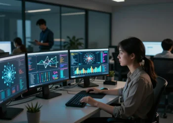 Ciencia de datos: el campo que convierte cifras dispersas en decisiones que ya transforman la sanidad, la industria y hasta tus playlists 1 Científica de datos trabajando en laboratorio moderno con monitores que muestran redes neuronales y algoritmos