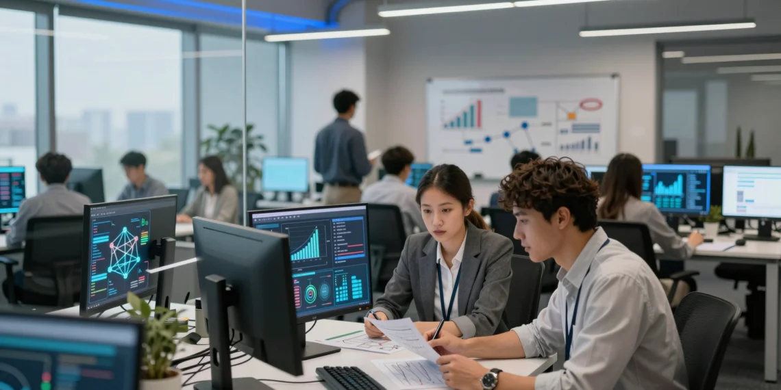 De un término académico de los años 60 a la profesión que hoy reorganiza industrias enteras: qué es la ciencia de datos y por qué ya no es solo cosa de matemáticos 1 Profesionales colaborando con visualizaciones de datos en una oficina moderna que fusiona matemáticas, tecnología y negocio