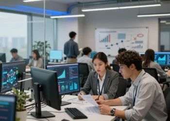 De un término académico de los años 60 a la profesión que hoy reorganiza industrias enteras: qué es la ciencia de datos y por qué ya no es solo cosa de matemáticos 6 Profesionales colaborando con visualizaciones de datos en una oficina moderna que fusiona matemáticas, tecnología y negocio