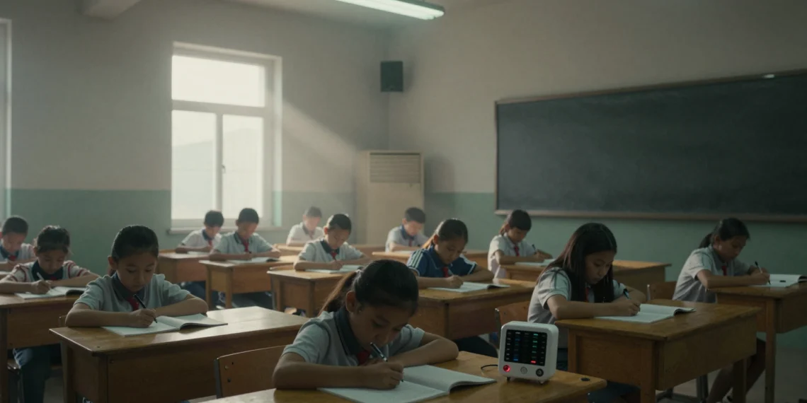 Millones de estudiantes respiran aire contaminado en clase cada día, y la solución puede costar mucho menos de lo que se piensa 1 Niños en aula escolar con aire contaminado y partículas visibles, monitor de calidad del aire en primer plano