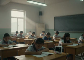 Millones de estudiantes respiran aire contaminado en clase cada día, y la solución puede costar mucho menos de lo que se piensa 9 Niños en aula escolar con aire contaminado y partículas visibles, monitor de calidad del aire en primer plano