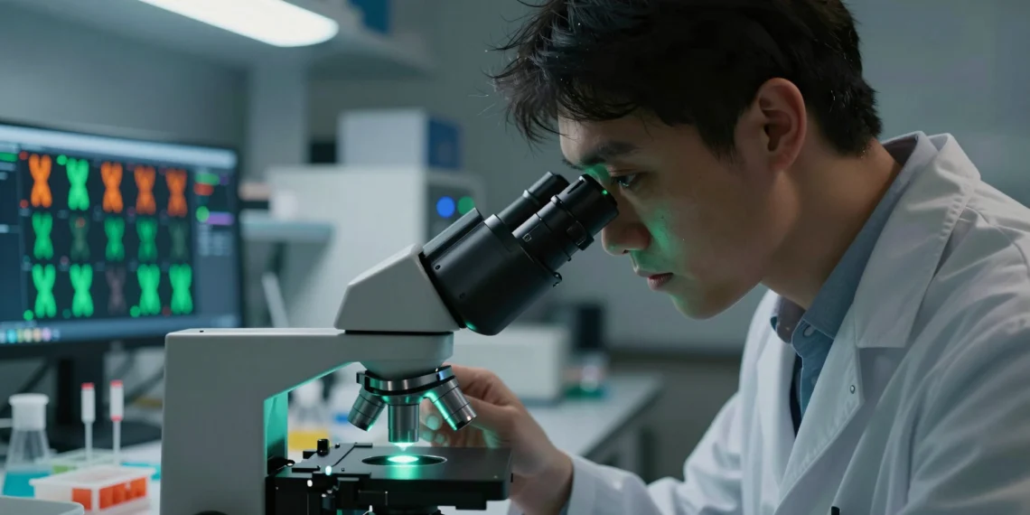 De laboratorio a primera línea: cómo la biología molecular y la citogenética se convirtieron en el núcleo de la ciencia moderna 1 Científico de laboratorio observando por microscopio de fluorescencia con imagen FISH de cariotipo humano visible en monitor