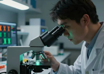 De laboratorio a primera línea: cómo la biología molecular y la citogenética se convirtieron en el núcleo de la ciencia moderna 7 Científico de laboratorio observando por microscopio de fluorescencia con imagen FISH de cariotipo humano visible en monitor