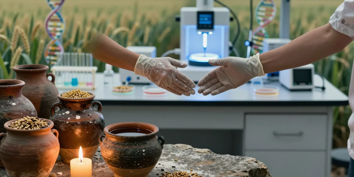 De fermentar vino a editar genes: así se convirtió la biotecnología en la ciencia que está transformando el presente 1 Manos entre vasijas de barro antiguas y laboratorio moderno con CRISPR, simbolizando la evolución de la biotecnología