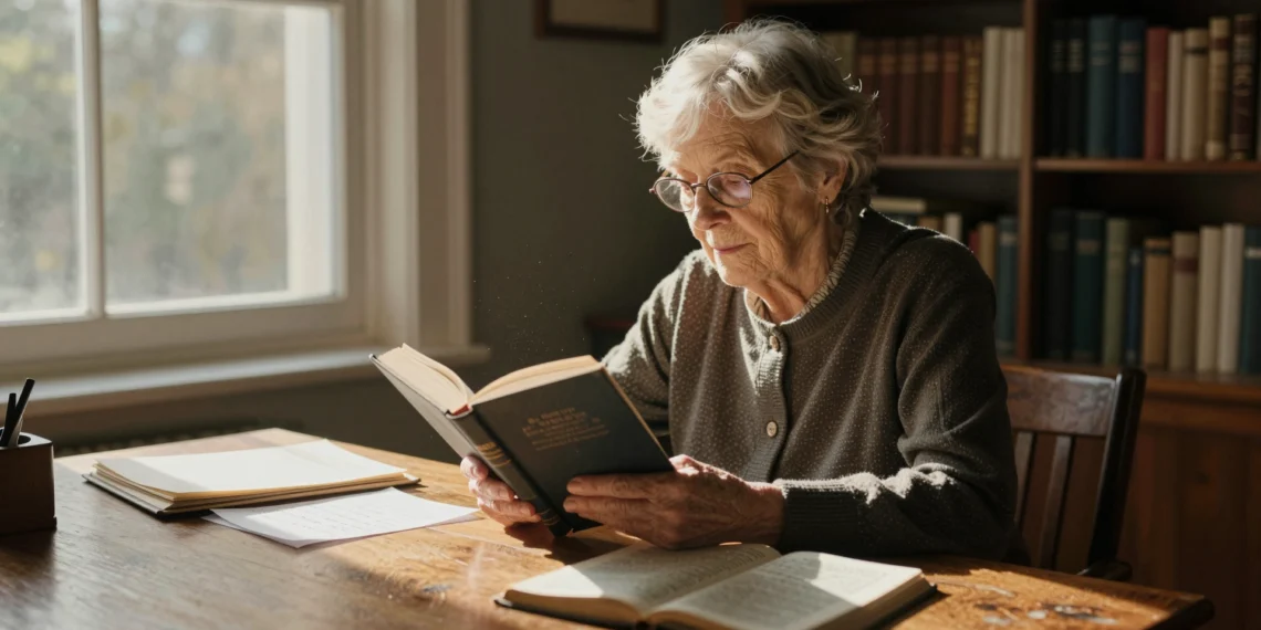 Mientras el cerebro envejece y pierde agilidad, el lenguaje resiste: un estudio del MIT revela por qué 1 Anciana leyendo un libro en una biblioteca doméstica iluminada, rodeada de estanterías, notas y un diccionario abierto