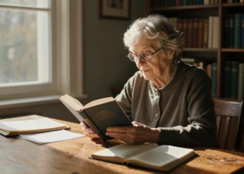Mientras el cerebro envejece y pierde agilidad, el lenguaje resiste: un estudio del MIT revela por qué 10 Anciana leyendo un libro en una biblioteca doméstica iluminada, rodeada de estanterías, notas y un diccionario abierto