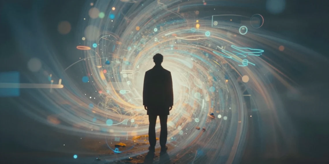 Dos neurocientíficos reformulan cómo el cerebro convierte el caos sensorial en categorías comprensibles, y la clave está en el cuerpo 1 Silueta humana rodeada de un vórtice sensorial con luz y sonido convergiendo hacia el torso, símbolo de percepción corporal
